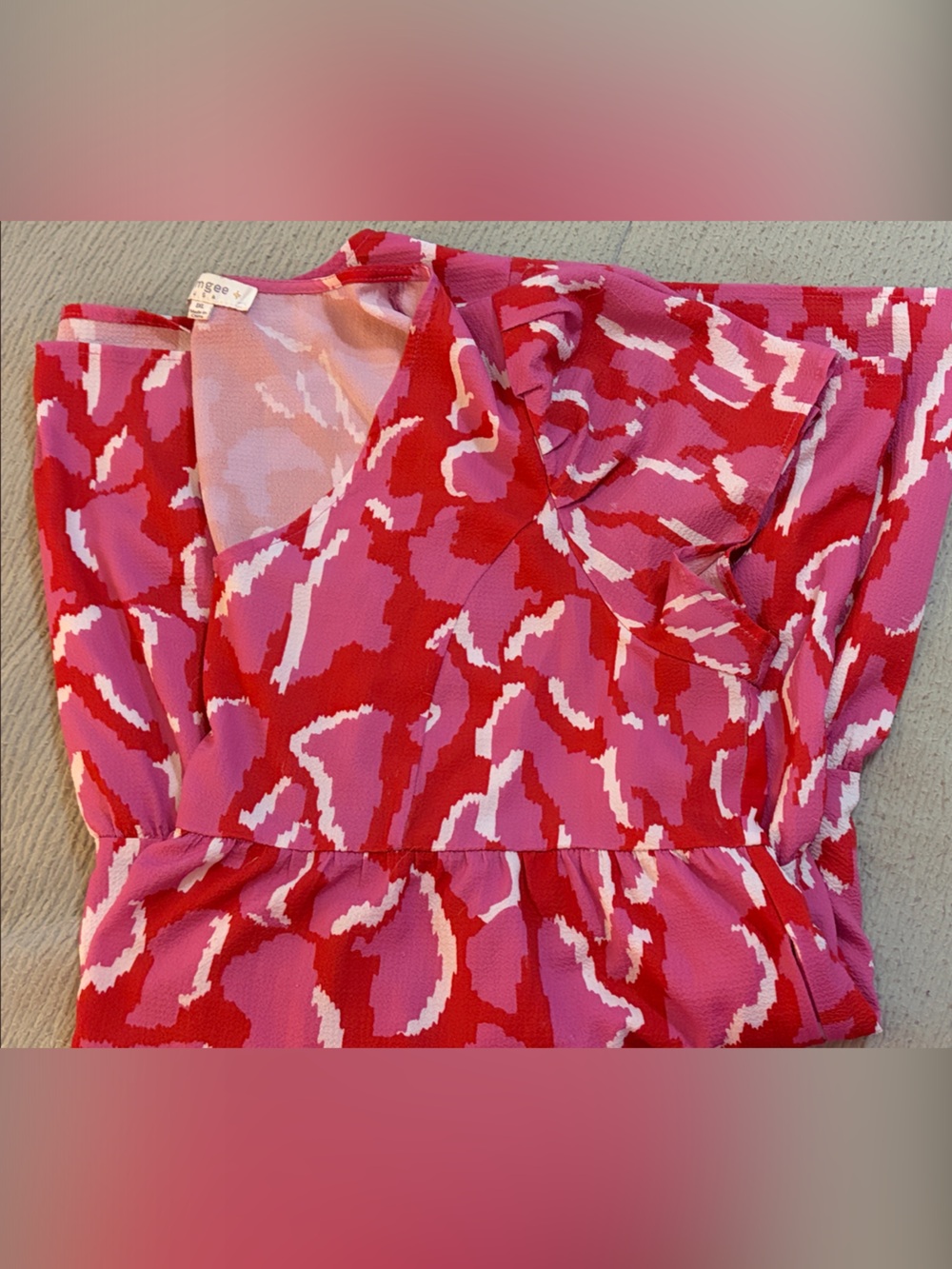 Umgee Pink & Red Patterned Tiered V-Neck Tunic dress - Picture 6 of 6